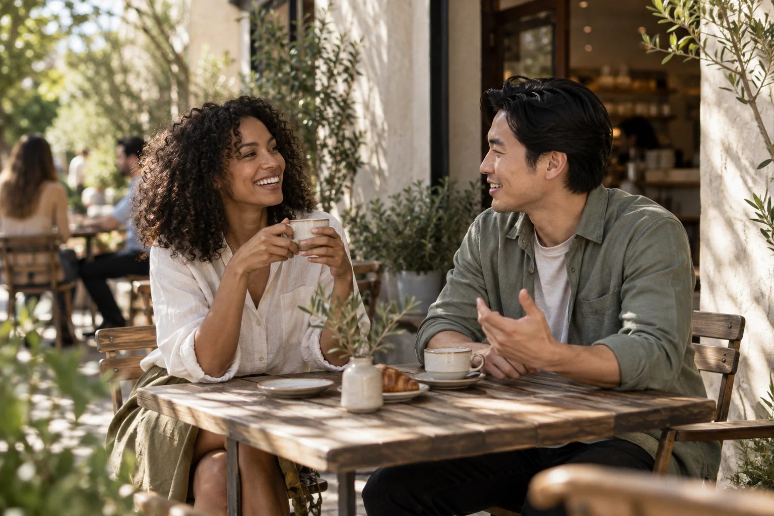 Two friends enjoying coffee at an outdoor table