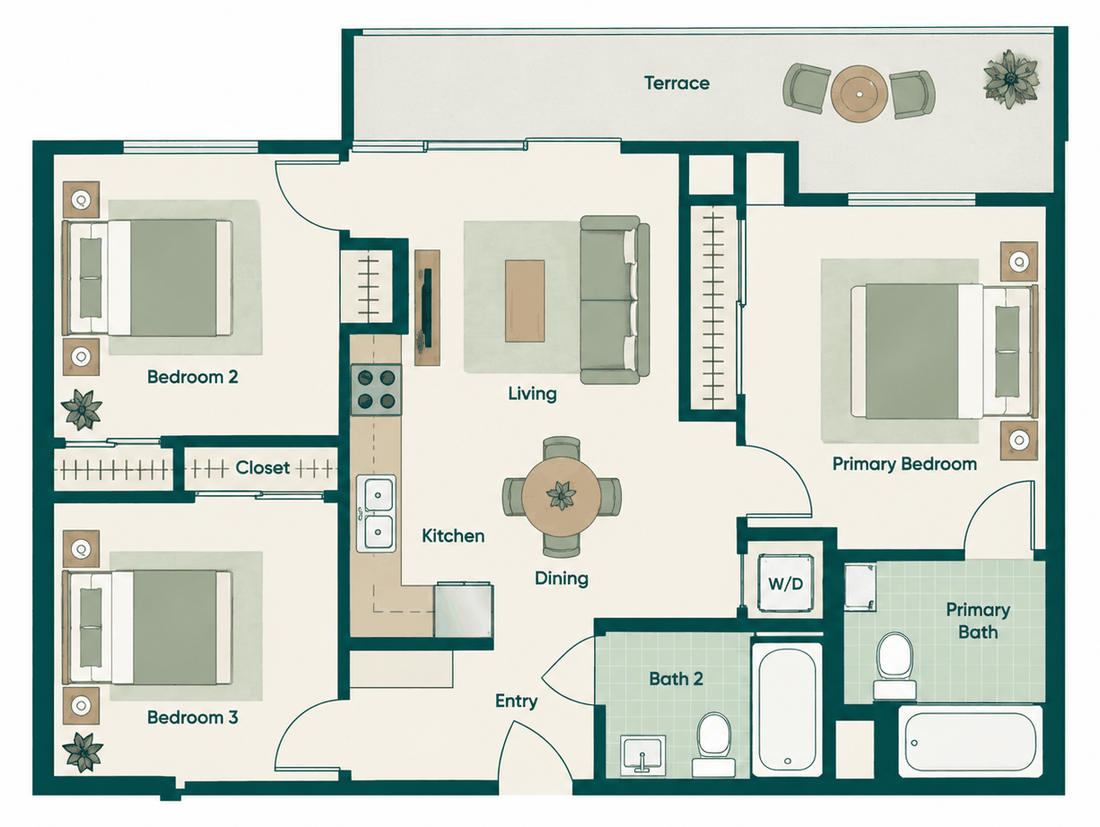 Coral: 3-bedroom, two-bathroom floor plan
