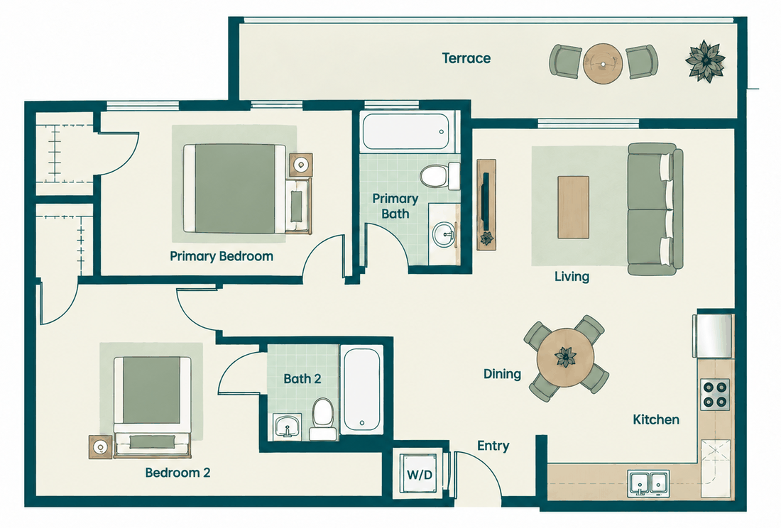 Lighthouse: 2-bedroom, two-bathroom floor plan