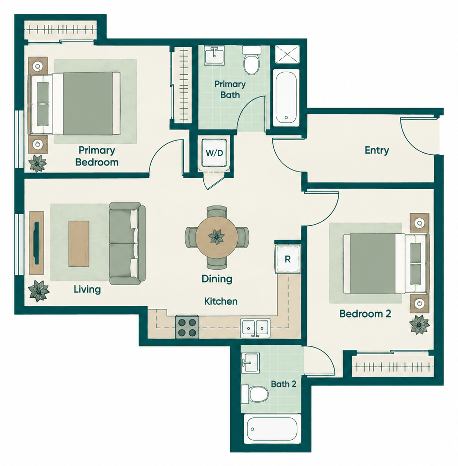 Reef: 2-bedroom, two-bathroom floor plan